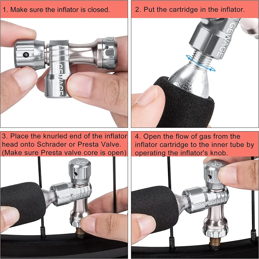 GEWAGE CO2 Inflator for Bike Tire -CO2 Bike Pump Presta & Schrader Valve Compatible - CO2 Bike Tire Inflator for Bike,Silver