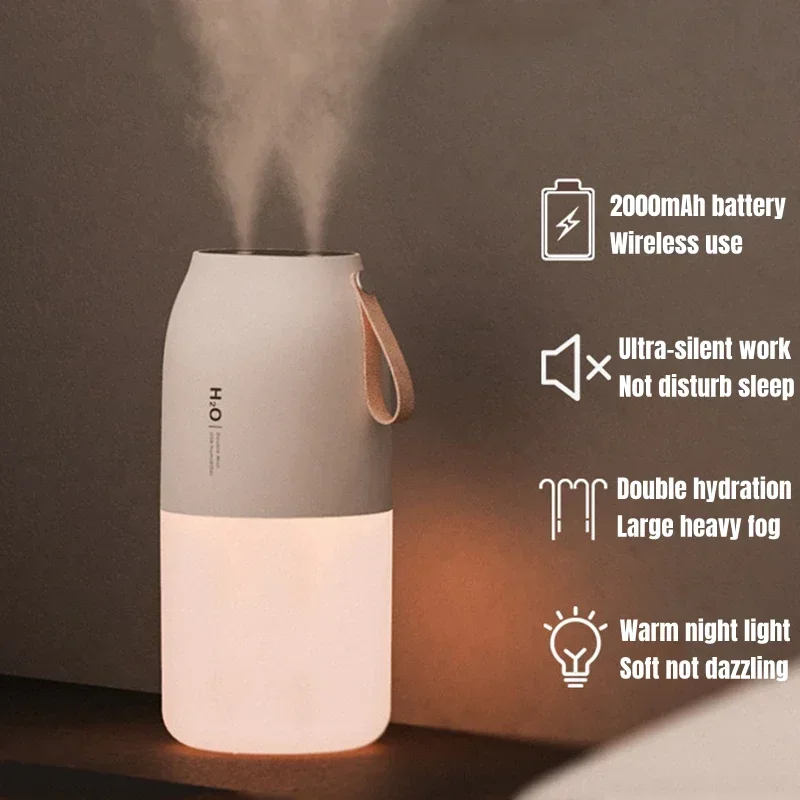 2000mAh USB 300ml Dual Sprayer Air Humidifier Rechargeable Battery Wireless Fogger Diffuser Light Umidificador