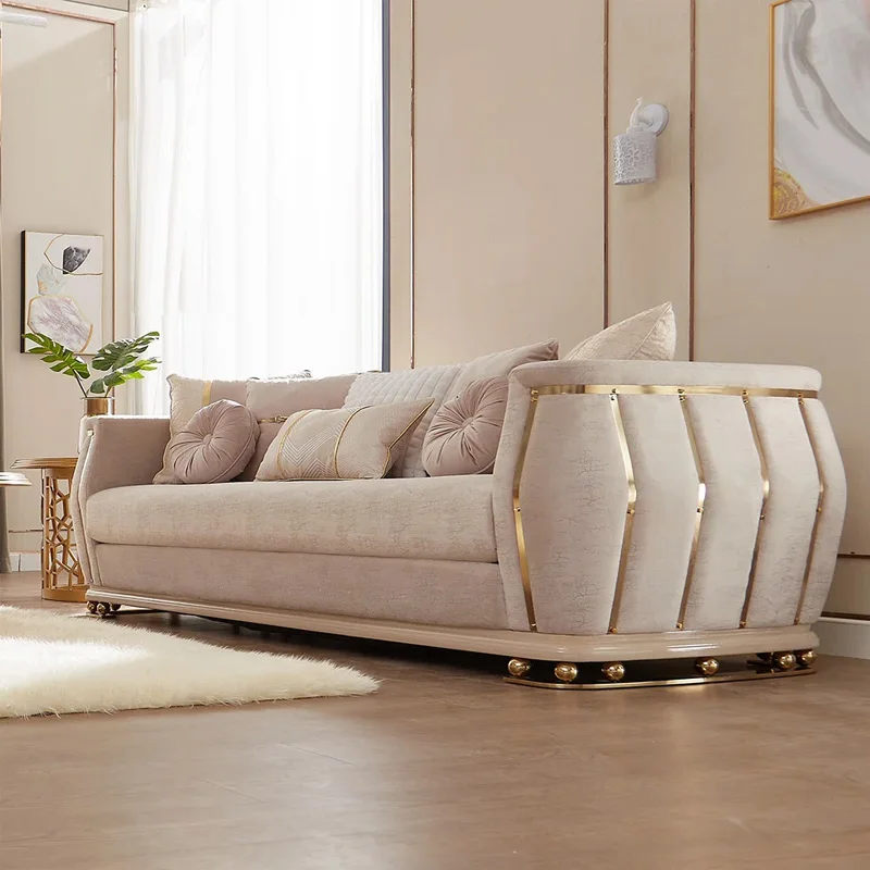 # Modern Big Size Up-holstered Living Room Sofa Luxury Couch Set Furniture with Gold Stainless Steel Lesd for Villa for Sale