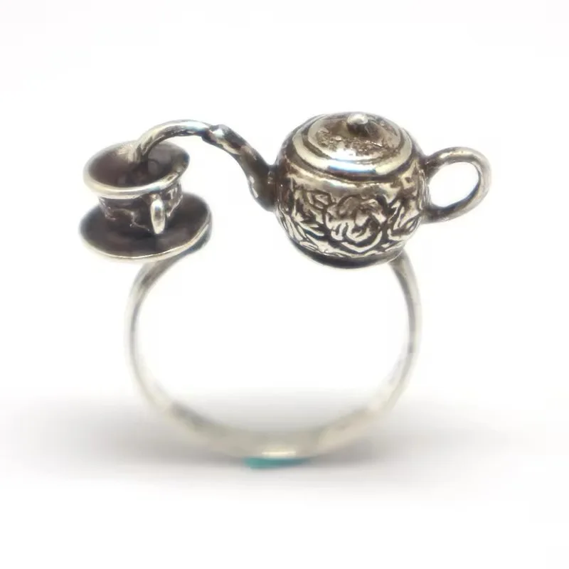 Silver Plated Boho Teapot Ring Unisex Miniature Bohemian Kettle Teapot and Cup Ring Unisex Jewelry