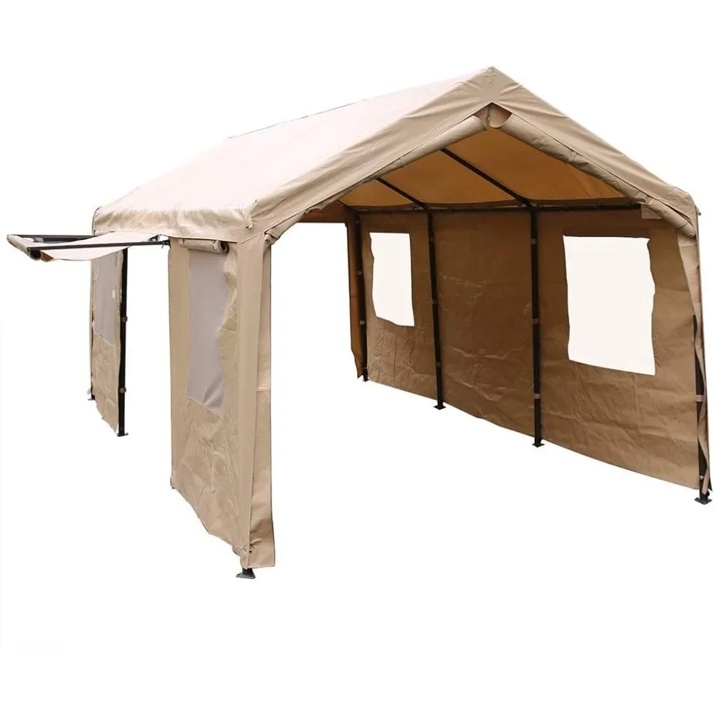 Carport 10 x 20 ft Heavy Duty Canopy Garage Car Shelter with Windows and Sidewalls, Beige