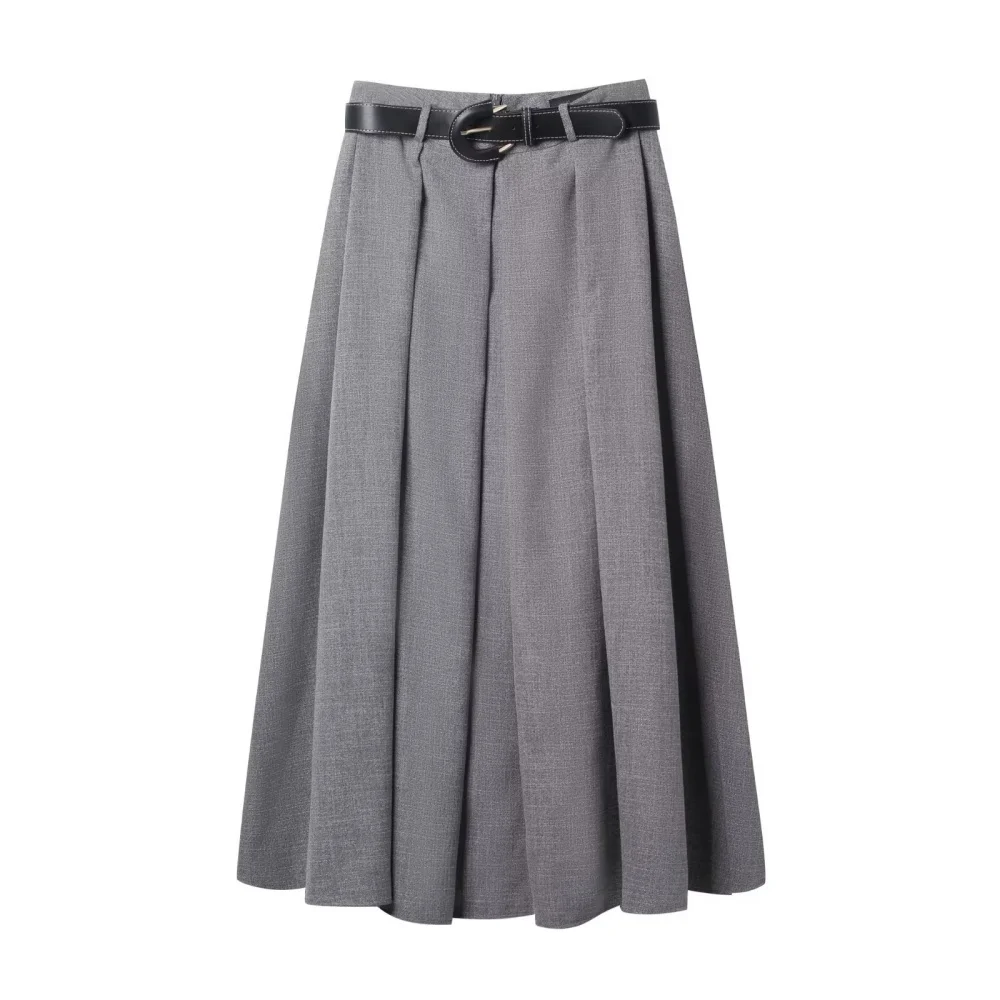 

UNIZERA 2025 New Women's Casual Fashion European & American Style Design-Focused Belted Plied Midi Skirt