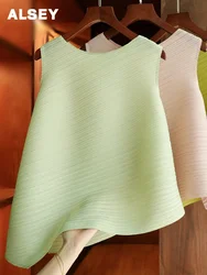 ALSEY Miyake Pleated T-shirt 2023 Summer Slash Thin T-shirt Sleeveless Office Lady High Rebound Fashion Women's Tops Summer New