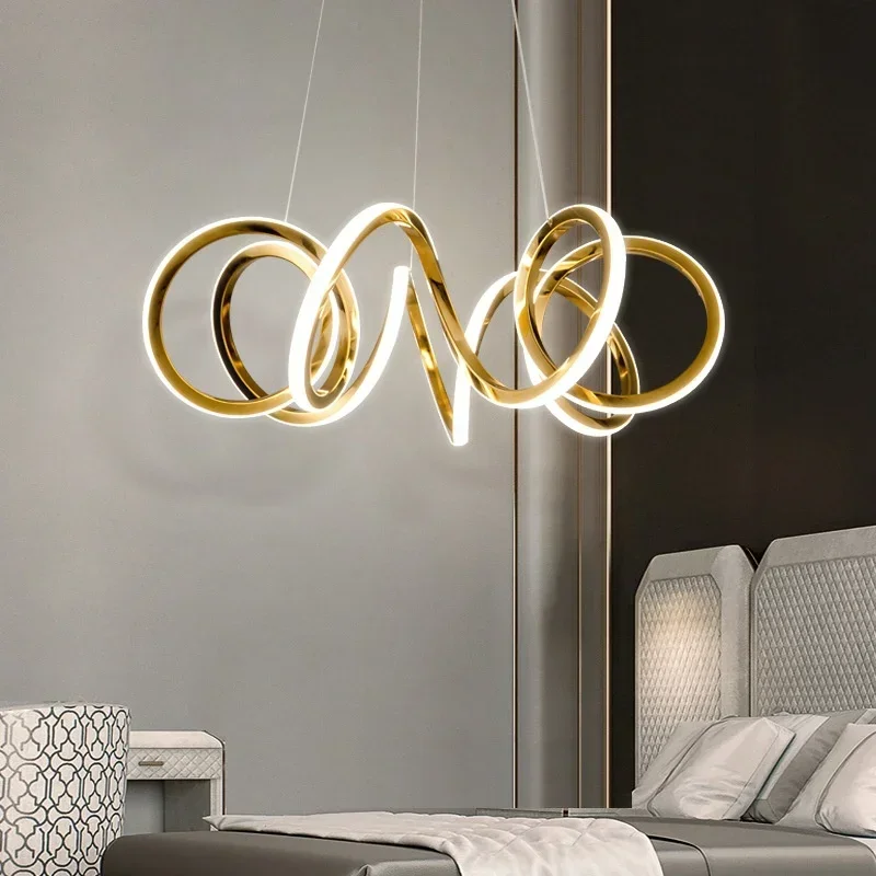 Modern Gold Twisted Ring LED Pendant Lights For Living Dining Room Chandeliers Lighting Home Decor Lustre Bedroom Lamp Fixtures