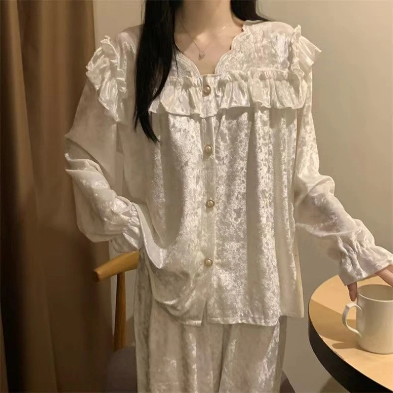 Velvet Pajamas Home Clothes Autumn Winter Palace Style Square Neck Wooden Ear Sided Front Solid Color Flash Fashion Pajamas Set