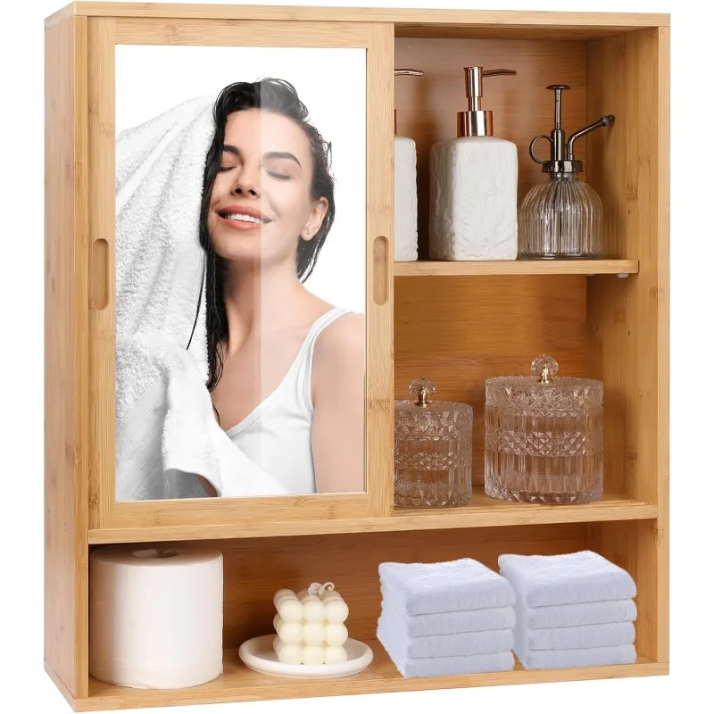 

Bamboo Bathroom Cabinet with Mirror, Wall Mounted, Vanity Storage, Over Toilet, 2 Sliding Doors