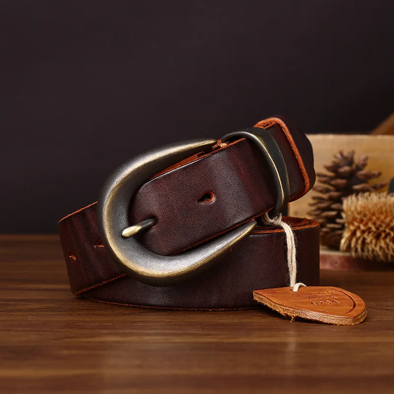 Men's Retro Heavy Industry Personalized Trend Double Color Belts Man Genuine Leather Fashion Casual Cowboy Copper Buckle Belt