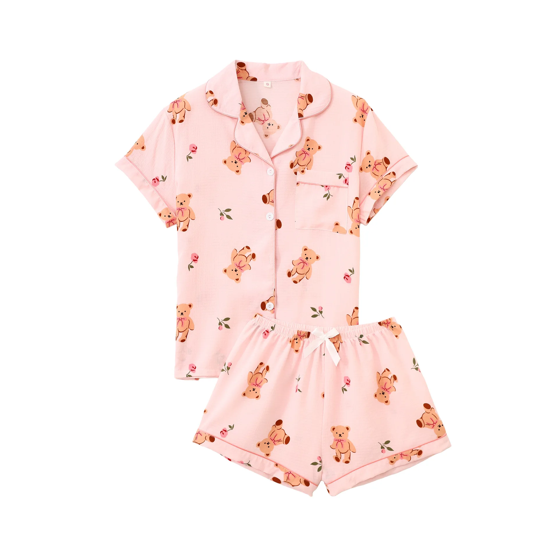 2026 bubble wrinkled cardigan pajamas women's short-sleeved shorts cross-border loungewear set