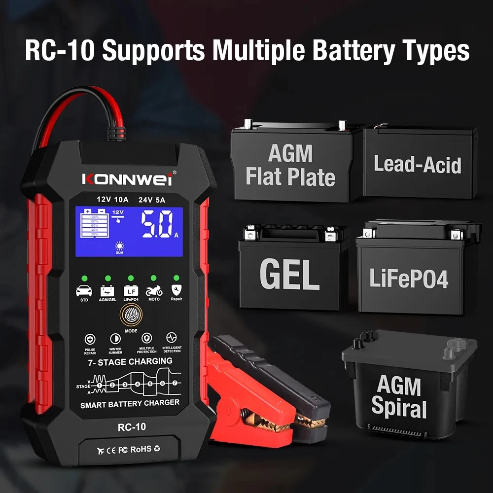 KONNWEI RC-10 Car Battery Charger 12V 10 A 24V 5A Automatic Fast Charging Pulse Repair Battery Charger Lead Acid AGM Gel