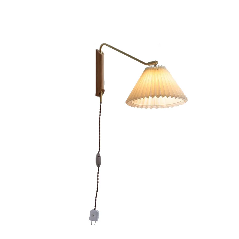 Retro Pleated Fabric LED Wall Lamp with Plug Rotary Rocker Arm Creative Wall Sconces Bedroom Corridor Aisle Study Reading Lights