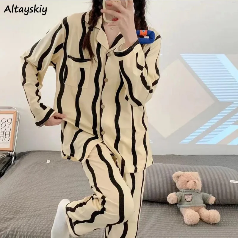 

Long Sleeve Pajama Sets Wave Striped V-neck Basic Chic Home Night Sleepwear All-match Spring Korean Style Fashion Daily Tender