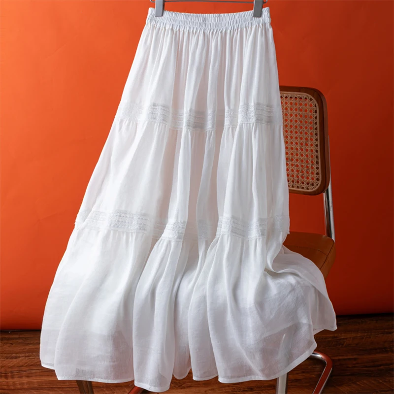 50% Mulberry Silk 50% Linen Women Skirt White Embroidery Office Lady Skirts with Lining Summer Beach Big Hem M1493