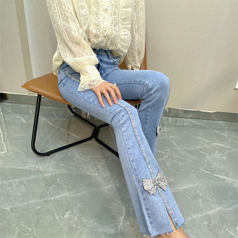 Denim Women Ripped Cropped Spring Summer New Beaded Bow Flared Denim Pants Ladies Jeans