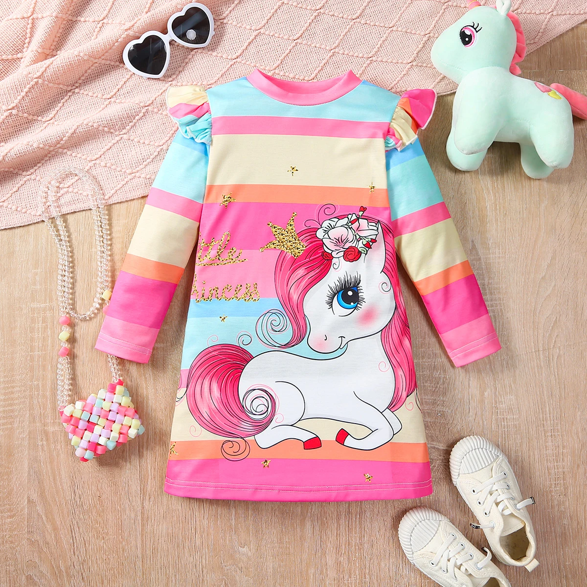 Girls' Fashion Casual Cartoon Unicorn Printed Knitted Fabric Round Neck Long Sleeve Dress Spring and Autumn