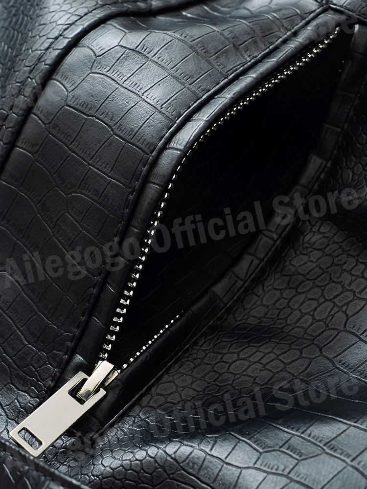 Ailegogo Vintage Women Spliced Faux Fur Imitation Leather Jacket Moto Biker Zipper Belt Black Coat Outwear