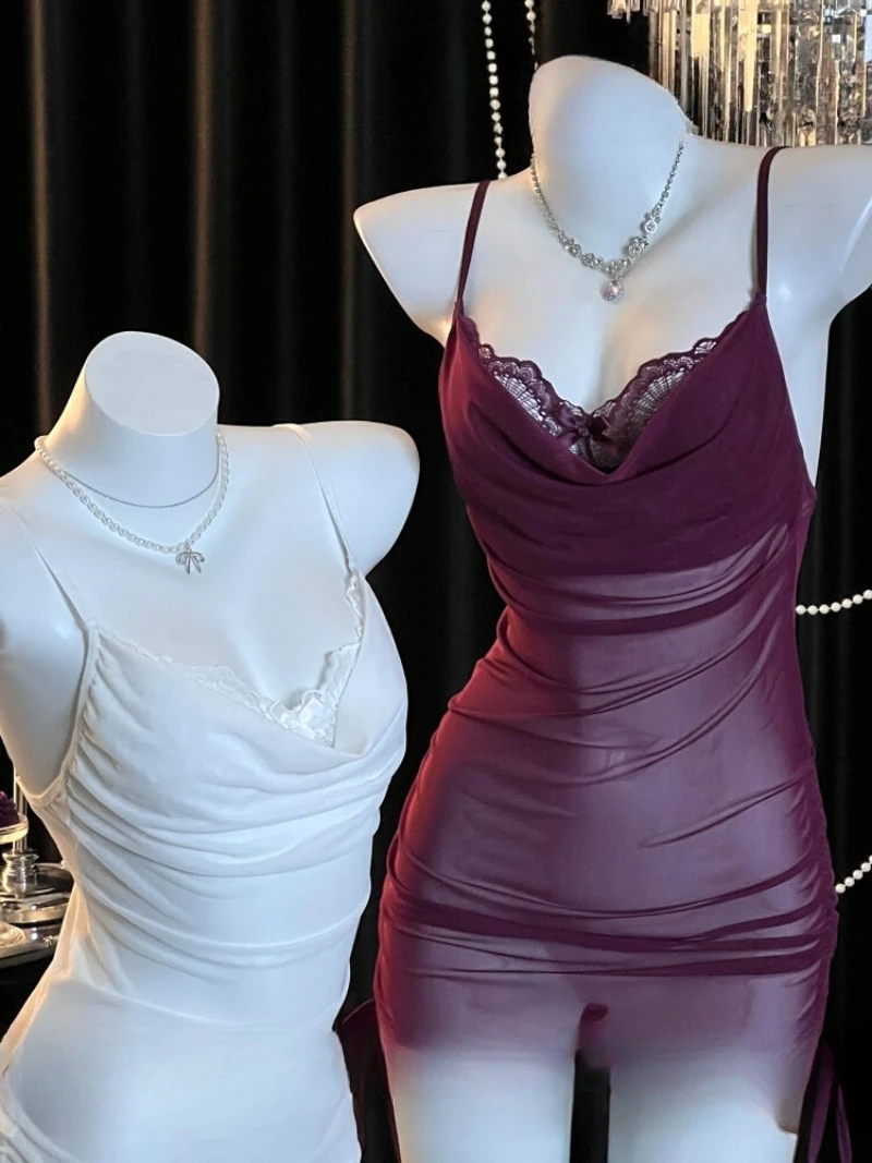 

Purple Lace Halter Nightgown Women,Sexy Sheer Bra Style Sleepwear,Romantic See-through Wrap Dress,Alluring Pure Desire Night