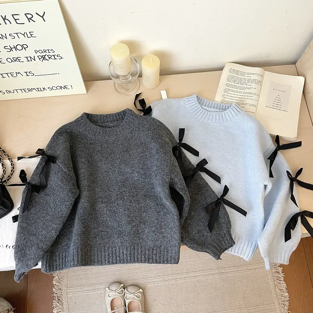 Baby Girls Sweater Kids Bow-knot Pullover Sweatshirts Toddler Warm Knitted Wear 2025 Autumn Winter Children's Clothing