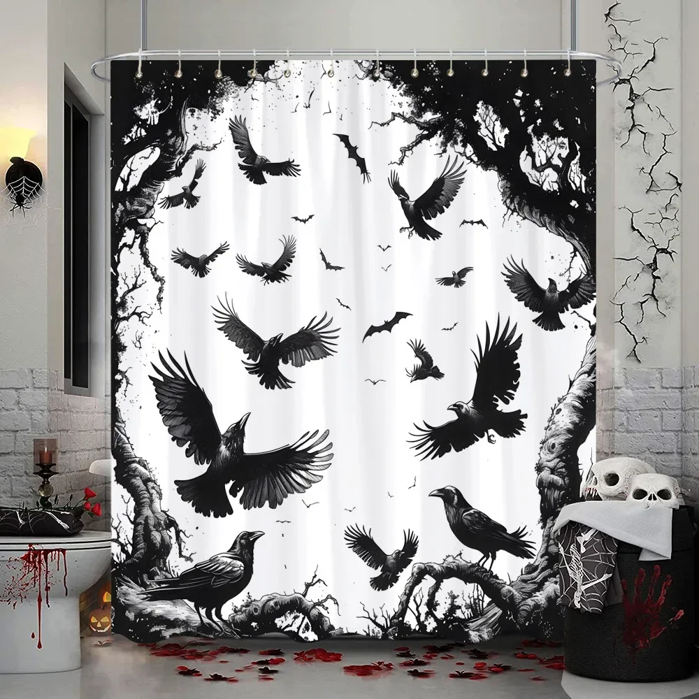 Halloween Shower Curtain Gothic Skull Skull Bat Funny Cute Halloween Bath Curtains Scary Spooky Horror Bathroom Decor With Hooks