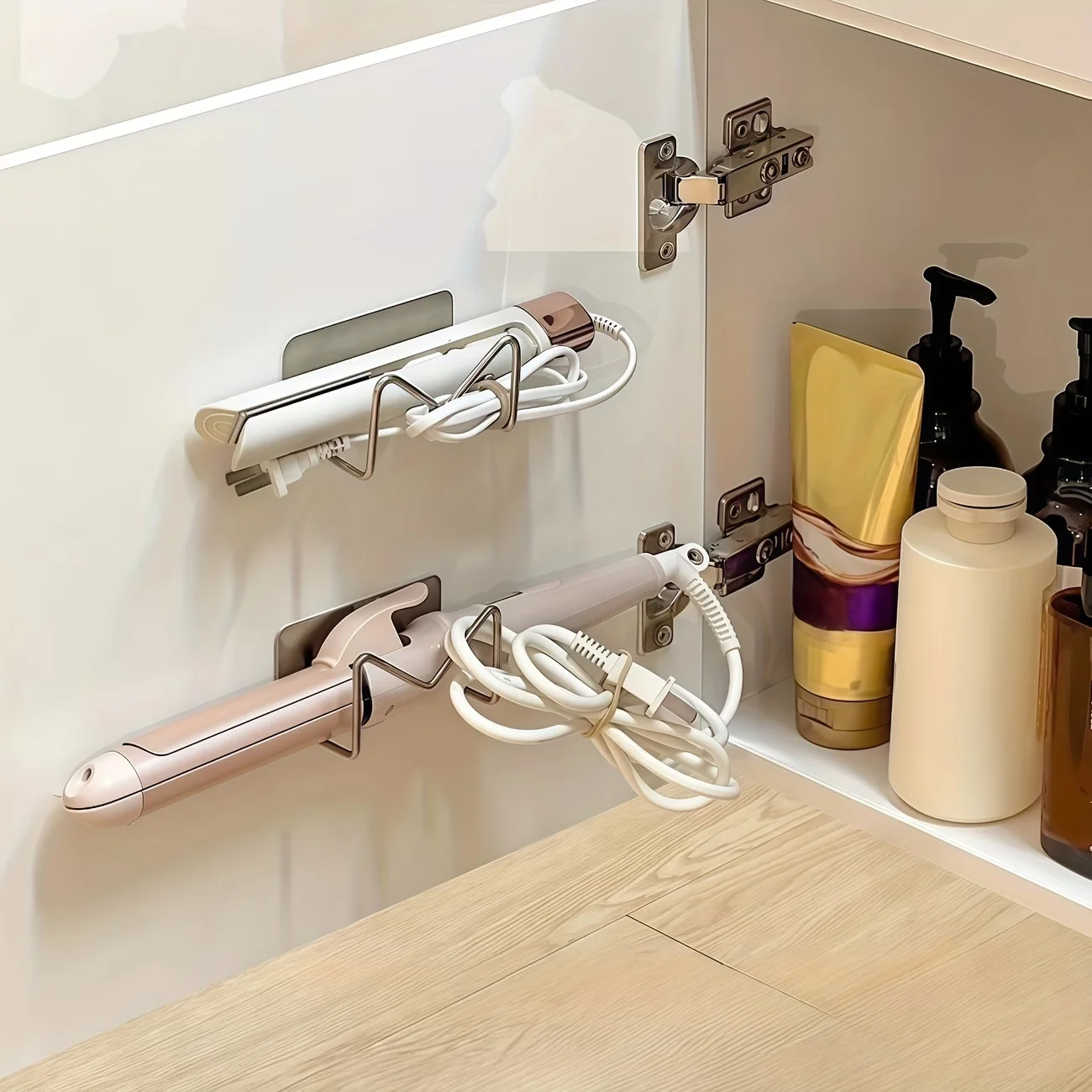 Punch-Free Wall Mount Hair Tool Holder, Stainless Steel Curling Iron Straightener Rack, Strong Adhesive Bathroom Storage Shelf