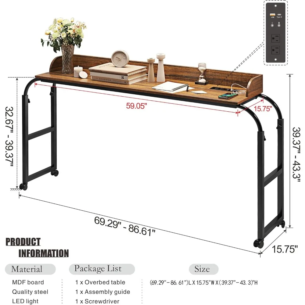 Overbed Desk with Charging Station, Adjustable Height & Length, Wheels, LED Light, Brown