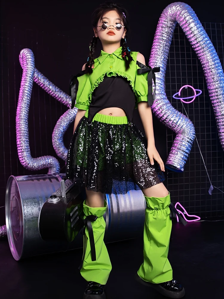 New Kid's Trendy Cool Hip Hop Performance Outfits Girl's T-stage Walk Show Clothing Children's Green Sequin Jazz Dance Set XH437