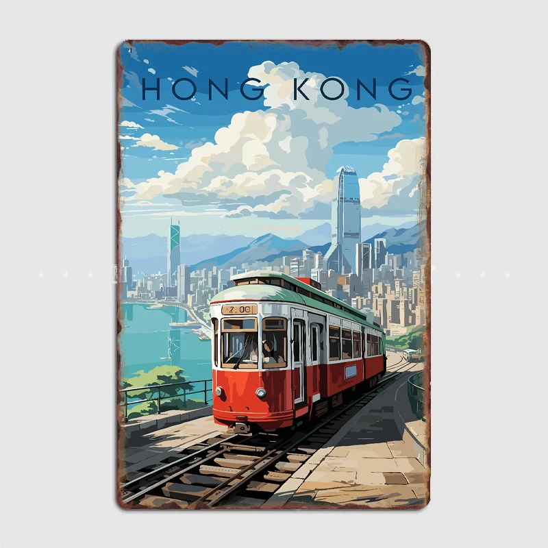 

Hong Kong Tram Cityscape Metal Sign Travel Club Custom Bar Bedroom Indoor Decor Posters Home Wall Decor Room Decoration