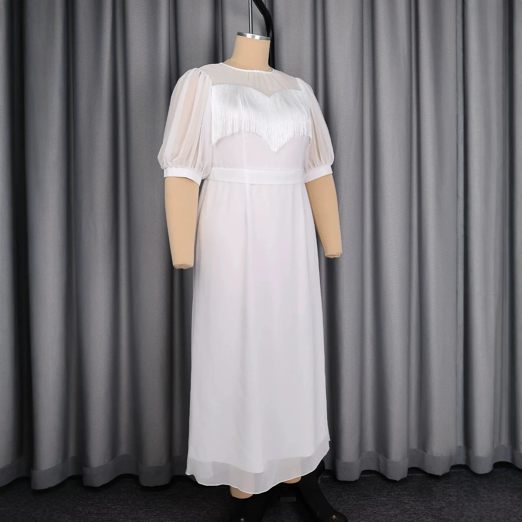 African Women Dresses Elegant White Chiffon O Round Neck Puff Sleeve Tassel Sheer Wedding Guest Cocktail Events Party Occasion