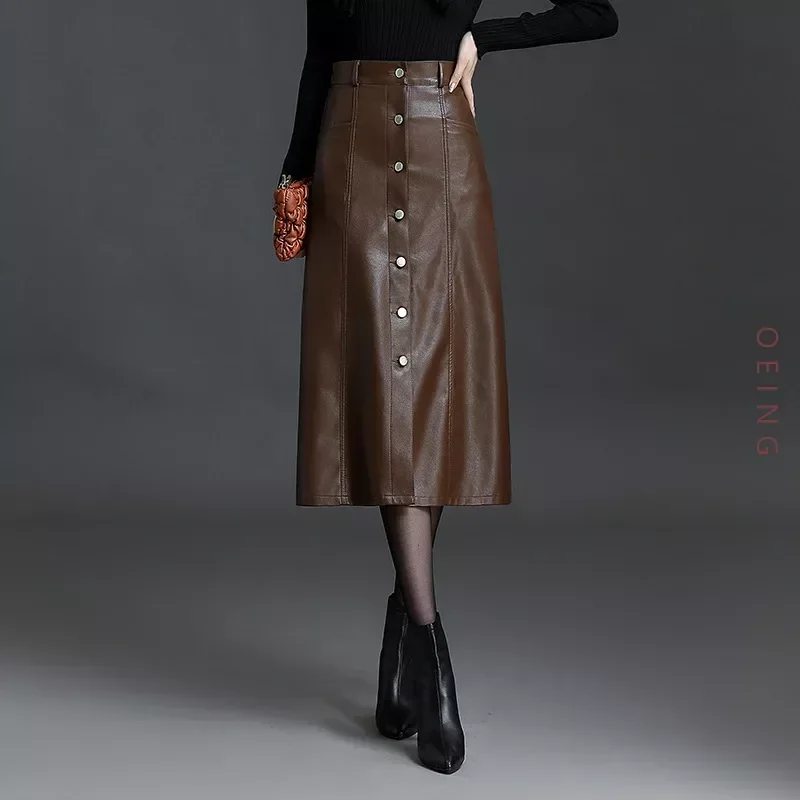 Women PU Leather Skirt Single Breasted High Waist Slim Fit Casual Elegant Office Lady Bodycon Long Skirts Autumn Winter 4XL 6860