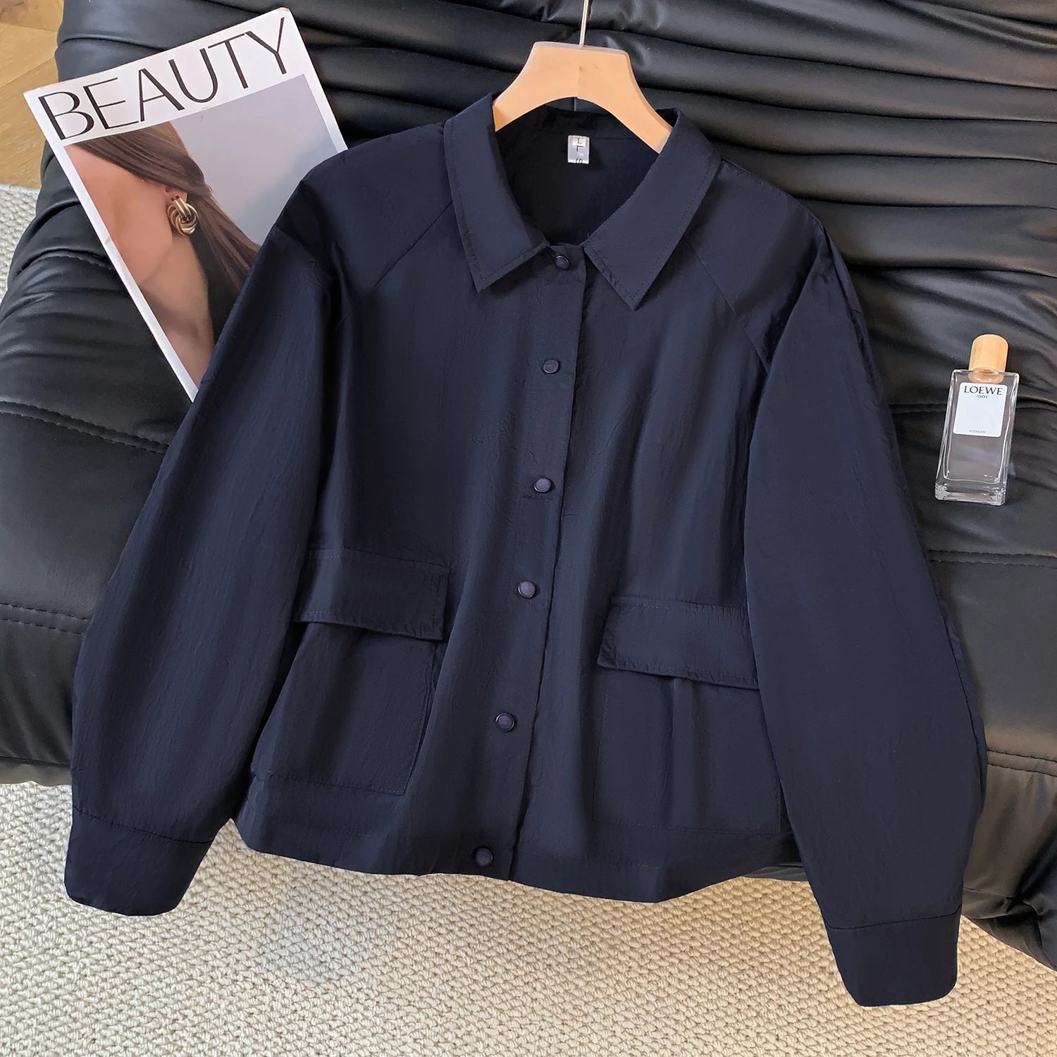Spring Autumn Casual Outdoor Women's Jacket Black Tech Waterproof Cool Feeling Workwear Pocket Loose Collar Jacket