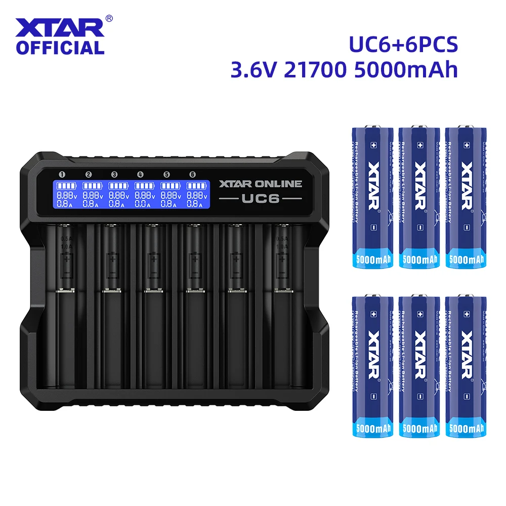 XTAR UC6 6-Channel Smart Charger + 6x 18650 4000mAh or 21700 5000mAh Protected Battery LCD Display 10A Discharge Type-C