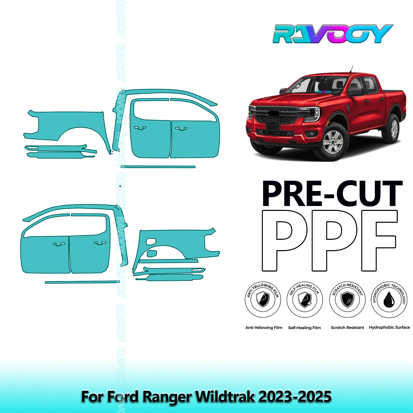 

For Ford Ranger Wildtrak 2023-2025 8.5mil Clear Matte Pre-Cut PPF Door & A/B Pillar Kit TPU Paint Protection Film Set