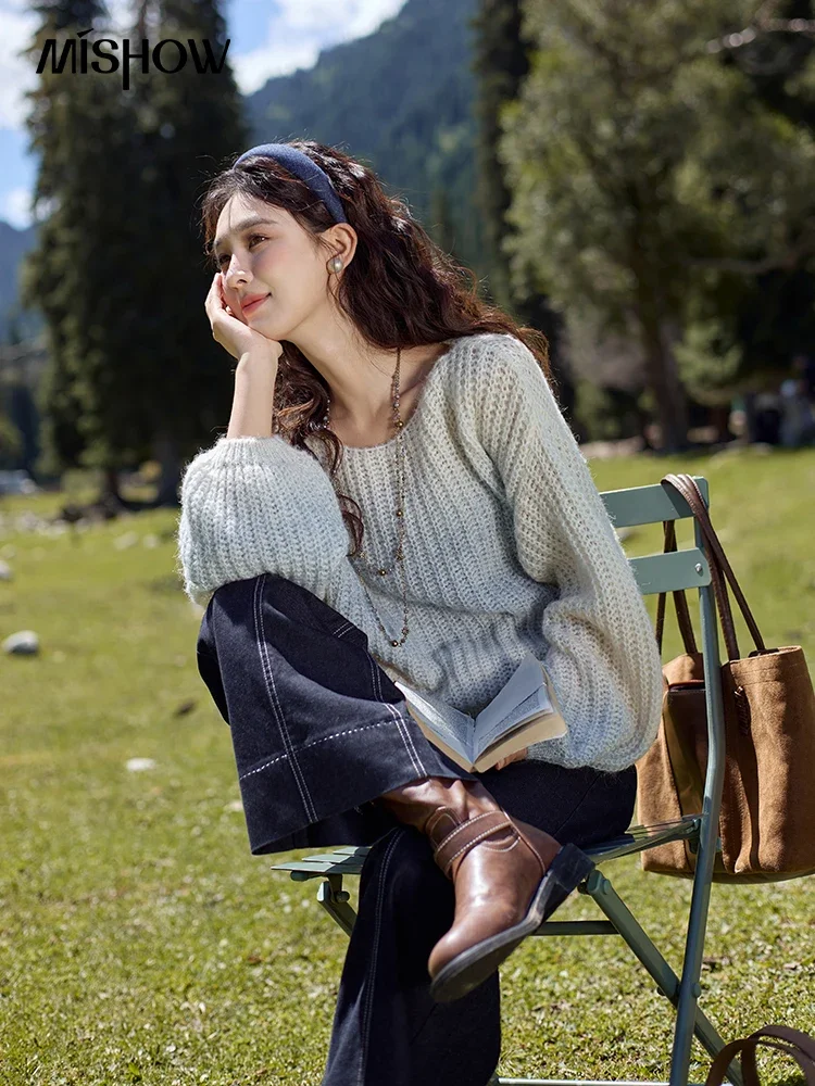 MISHOW French Knit Sweater Women Mohair Wool O-Neck Sweater Tops Retro Casual Loose Lantern Sleeve Long Sleeve Tops MXD42Z0764