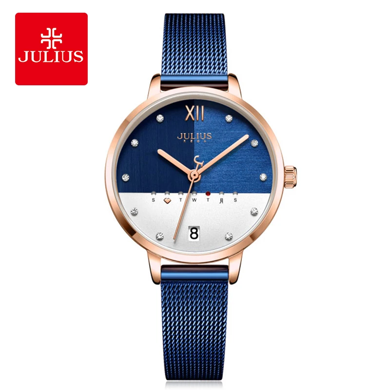 Julius Watch Stainless Steel Mesh Band Elegant Women's Business Watch With Calendar Day Rose Gold Multi Color Dial Clock JA-1100