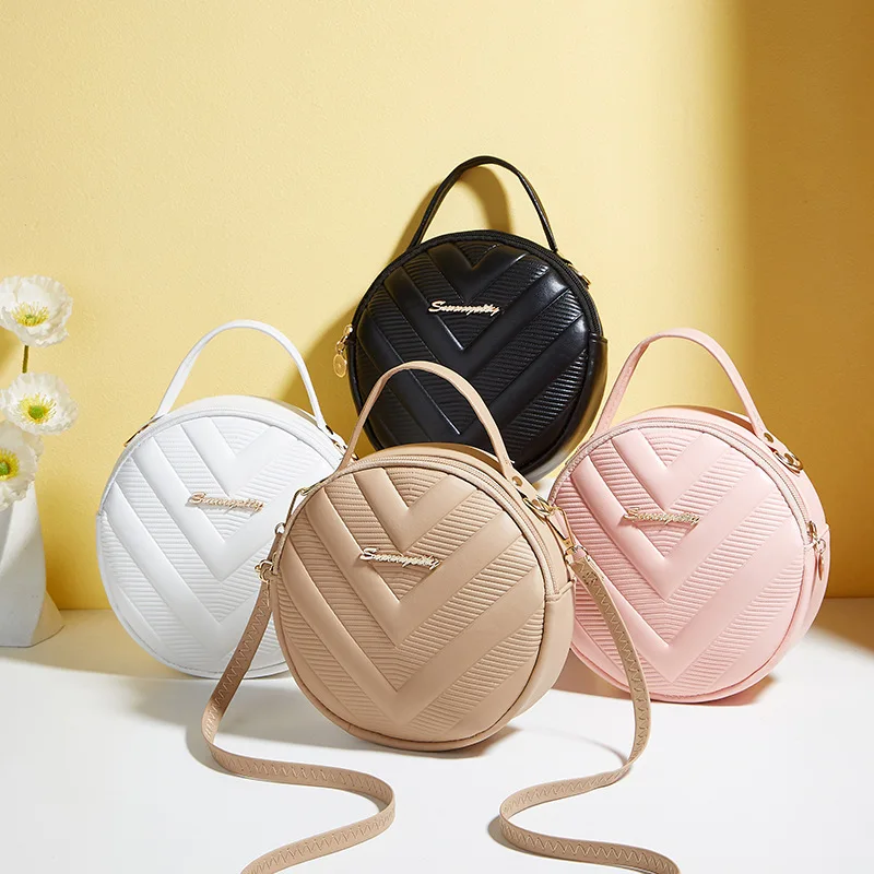 Solid Color Handheld Ladies Bags Small Round Bag 2024 New Fashion Versatile V-Pattern Diagonal Straddle Small Fresh Shoulder Bag