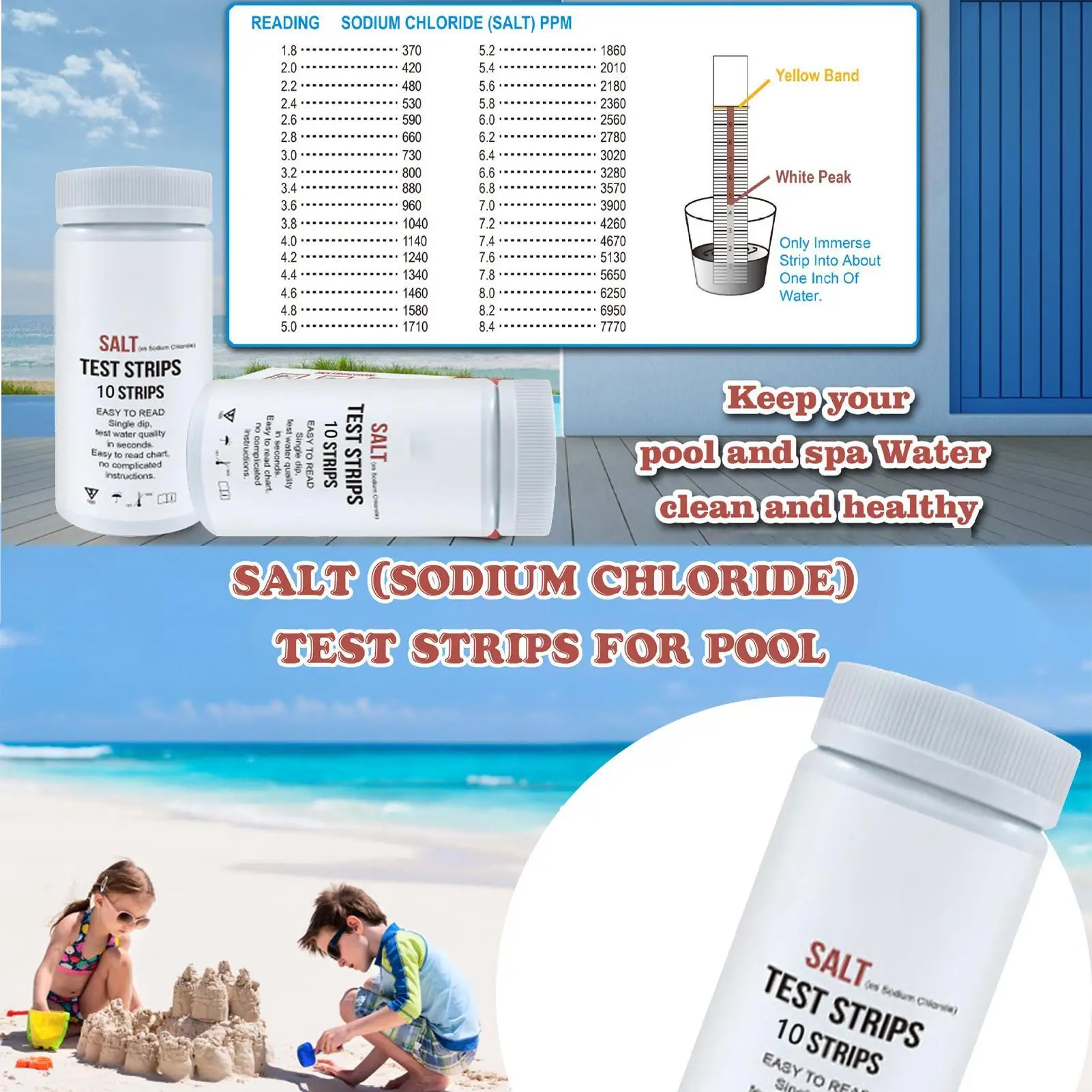

10 Strips Pool Salt Test Strips For Saltwater Pool 50 Counts Salt Pool Test Strips For Hot Tub Testing Sodium Chloride Content