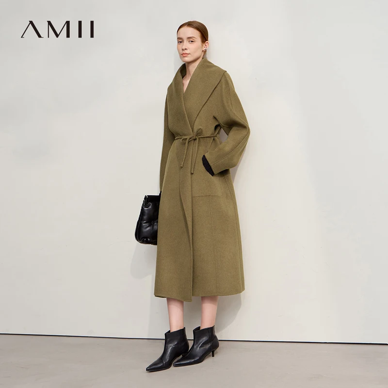 

AMII шерстяное пальто женское, новинка зимы 2025 года, кашемировая двусторонняя женская куртка с поясом и лацканами, однотонное свободное длинное пальто 12544098