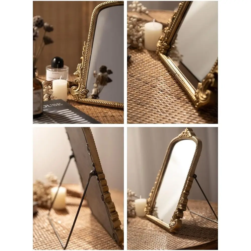 Miroir de courtoisie doré antique avec cadre en bois sculpté, 11,8x9,6 pour salon et chambre à coucher