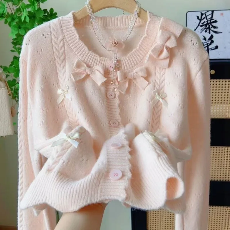 Sweaters Women Kawaii Trendy Lovely Bow Knitting Simple Schoolgirls Korean Style All-match Cozy Spring Autumn Ins Leisure Solid