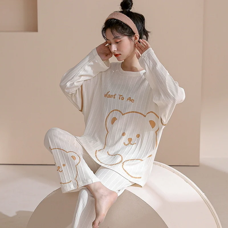 2022 New Style Pajamas Women's Cotton Long Sleeved Trousers Two-piece Suit Cartoon Winter Student Home Clothes Can Be Worn Out