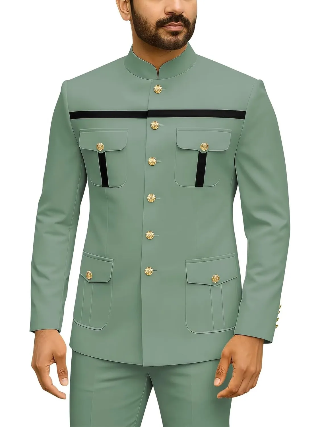 Herren Safari-Anzug 2-teilig Regular Fit Chinesischer Anzug Stehkragen Goldknopf Blazer Hosen Set Afrikanische Outfits