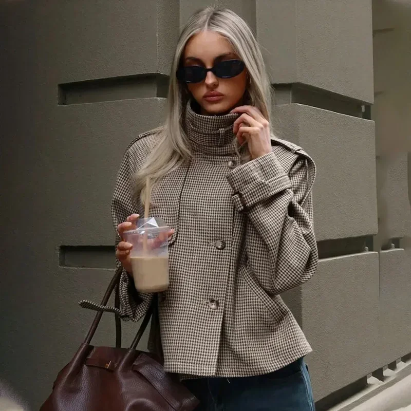

Plaid Long Sleeve Button-Up Jacket Women's Stand Collar Pocket Splicing Fashion Loose Elegant Autumn Winter Female Coat