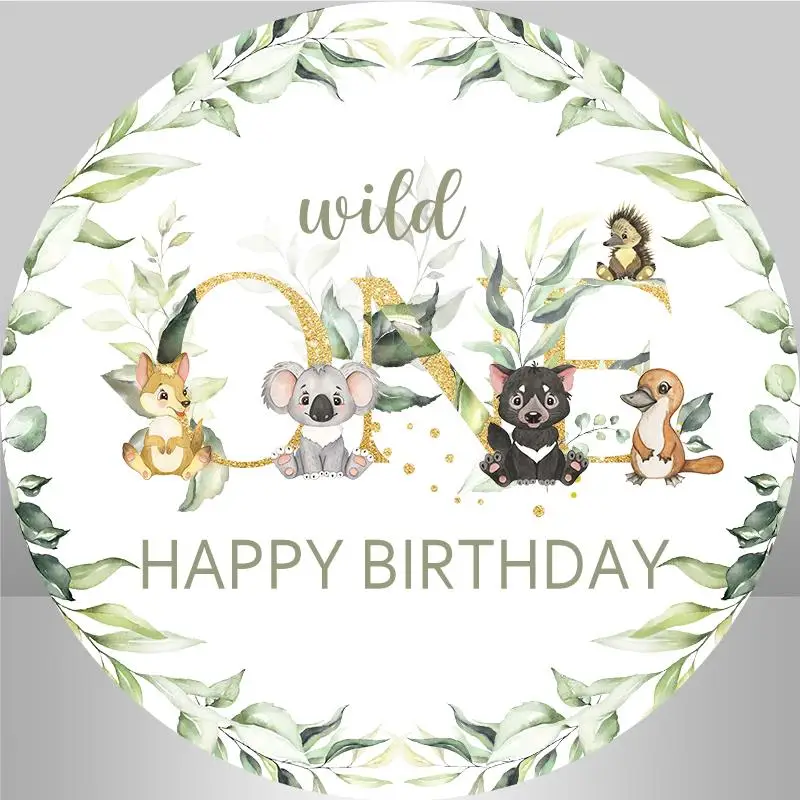 Wild One Round Circle Backdrop Cover Custom Green Leaves Baby Shower Background Happy Birthday Cake Table Banner Plinth Covers