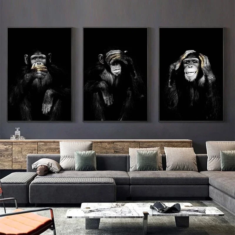 Affiche d'animaux de grande taille, peinture sur toile, Art mural foncé, 3 affiches et imprimés de singes amusants pour décoration de salon et de maison