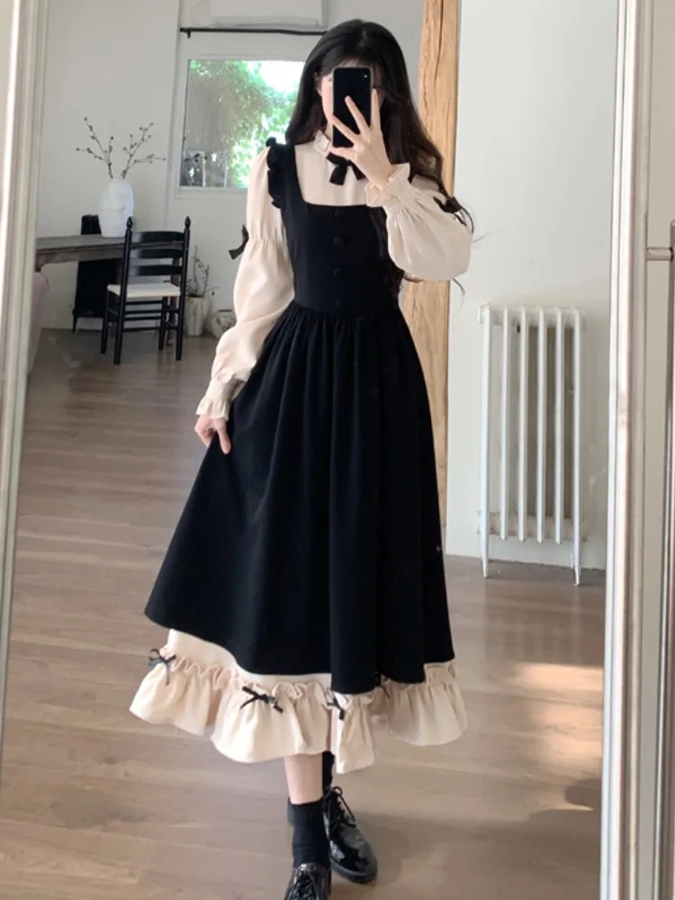 

plus Size Women's Bubble Sve Fake Two-Piece Dr Slimming Waist Autumn Winter College Sle Two-Piece Set Sweet Sle Hig...
