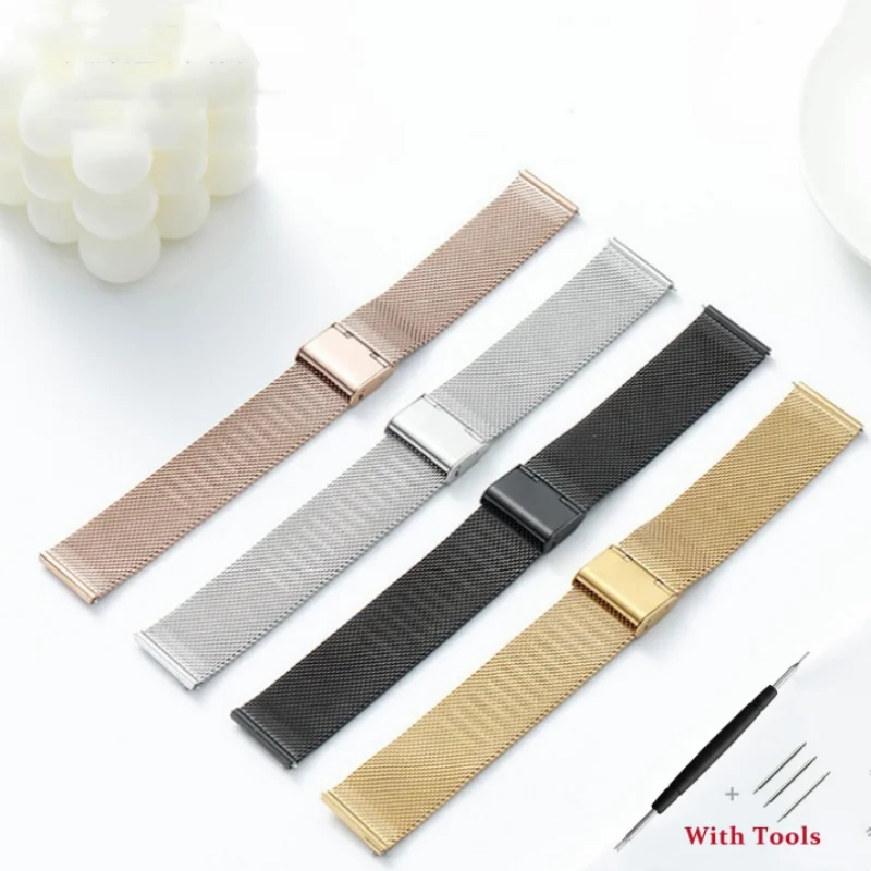 

8mm-24mm Stainless Steel 0.4 Mesh Milanese Watch Strap Metal Folding Watch Buckle Watch Band for Universal Watch Bracelet