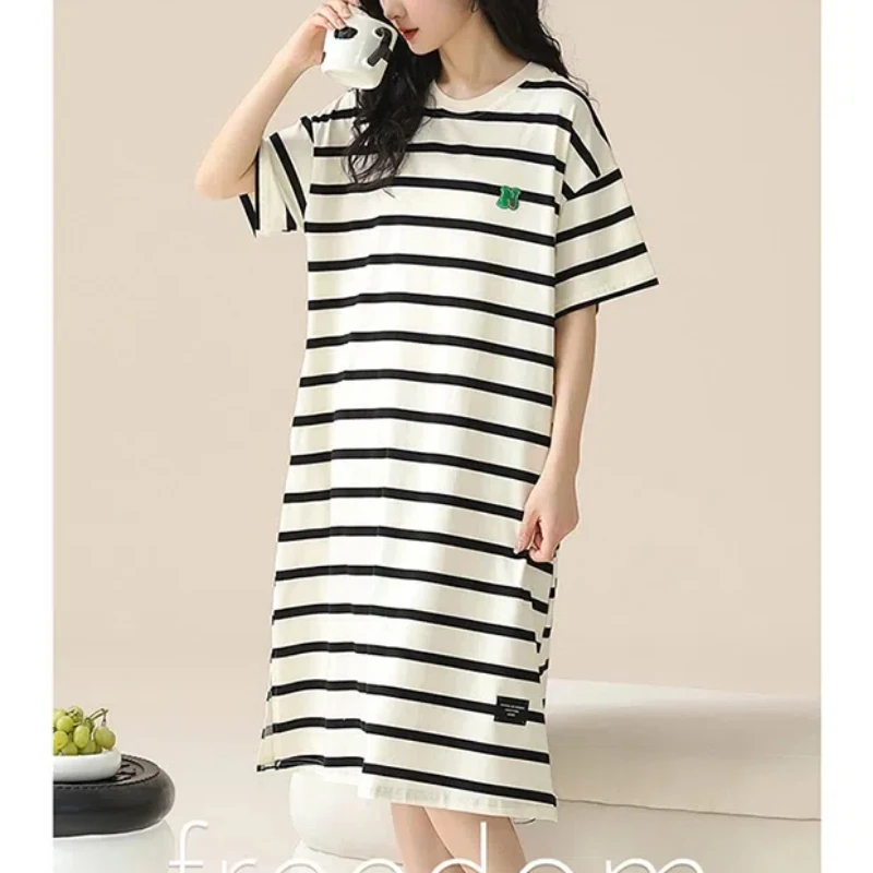 Summer Round Neck Short Sleeve Fashion Sleepshirts Women Casual Loose Midi Dress Elegant Pure Cotton Striped Printing Vestidos