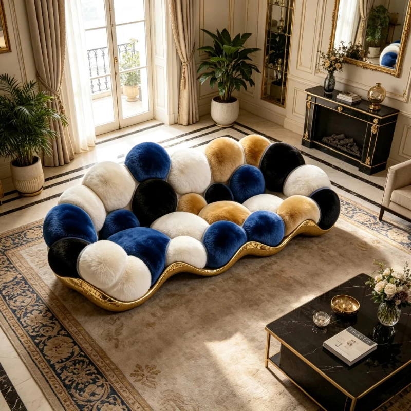 Multi-colored spherical plush sofa with glossy gold fiberglass curved frame