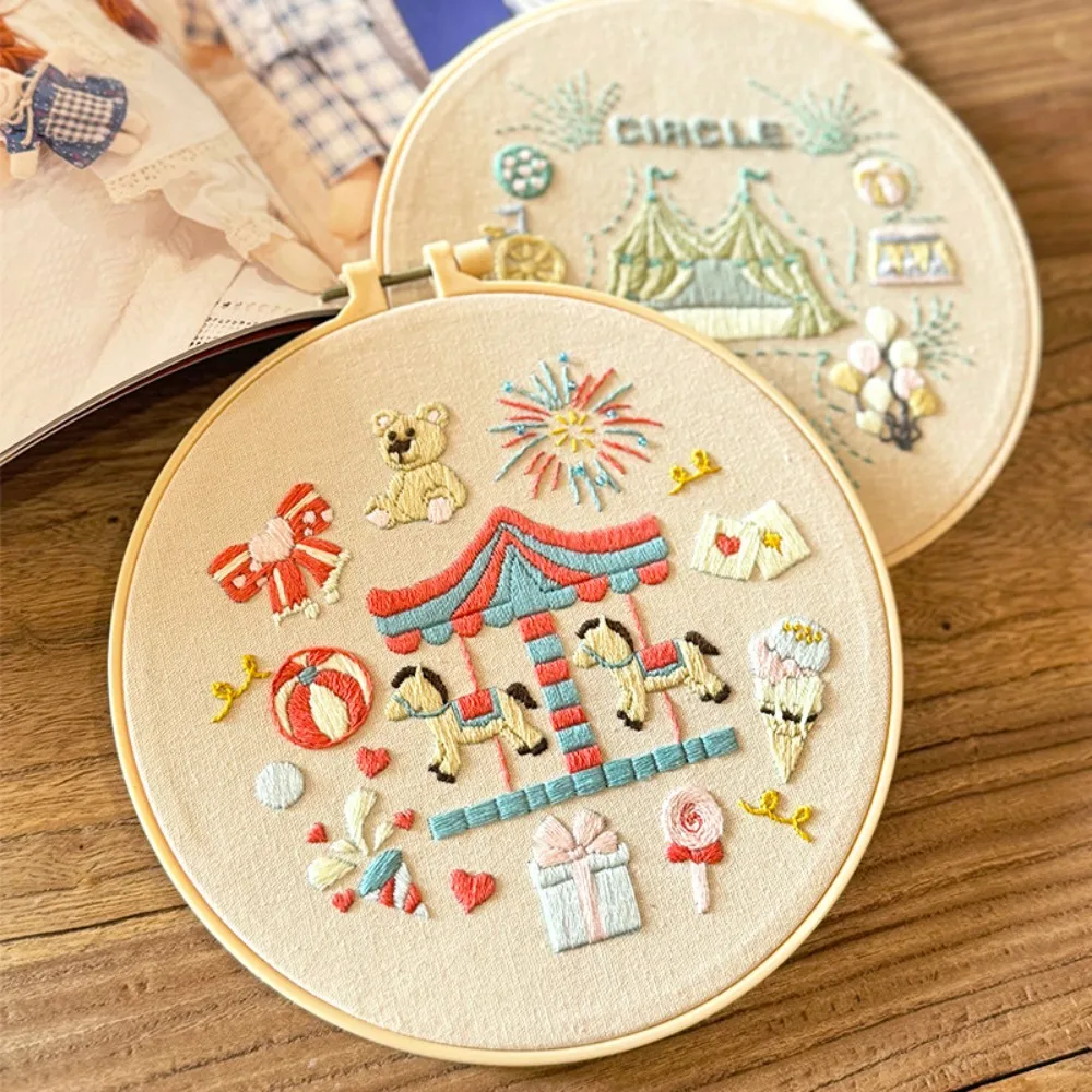 DIY Embroidery Kit with 20cm Plastic Frame Hoop Amusement Park Patteren Printed Cross Stitch Needlework Set Craft Kit Sewing Art