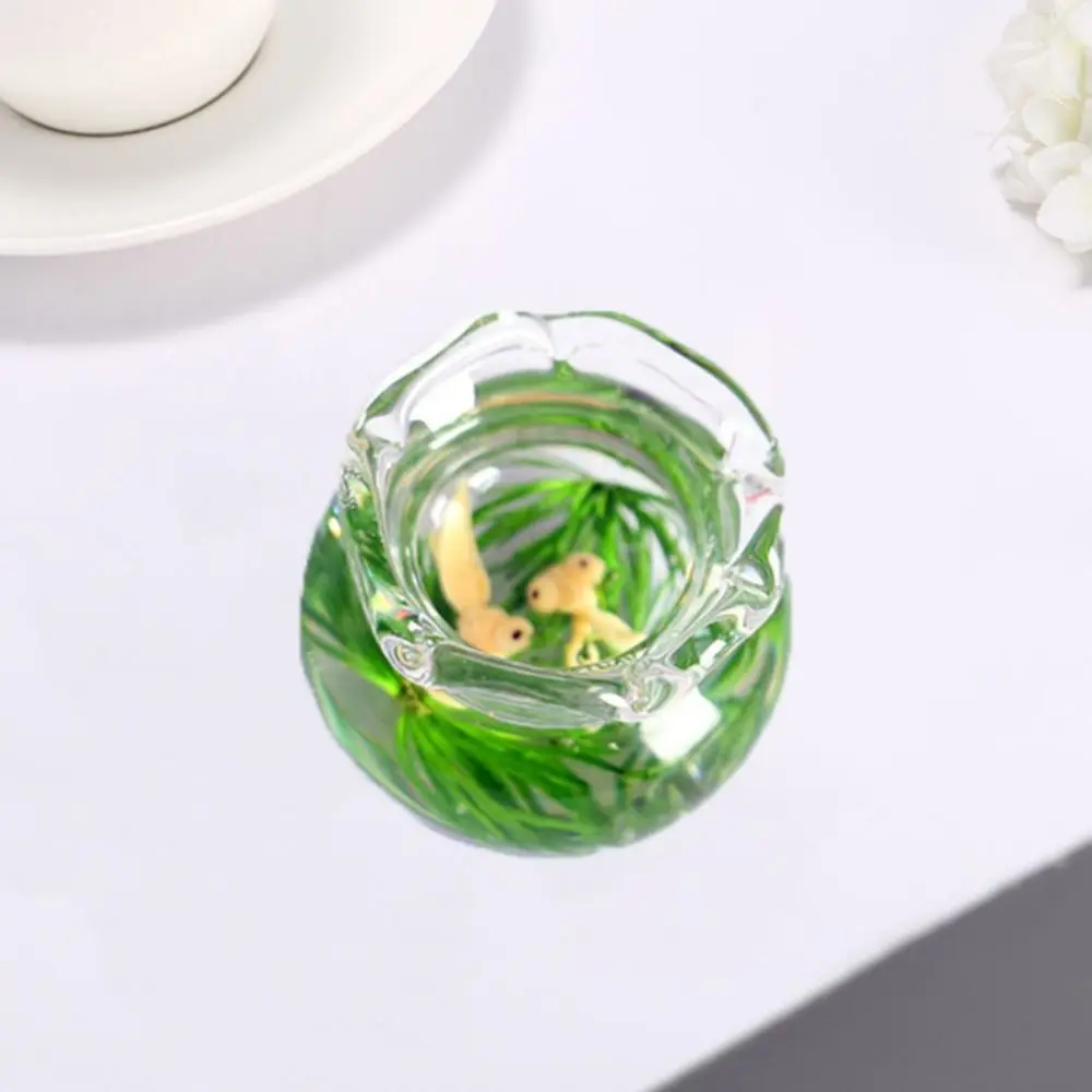 Aquarium Ornament Glass Mini Fish Tank Mini Artificial Miniature Dollhouse Decor Cute 1:12 Miniature Glass Goldfish Jar Desktop