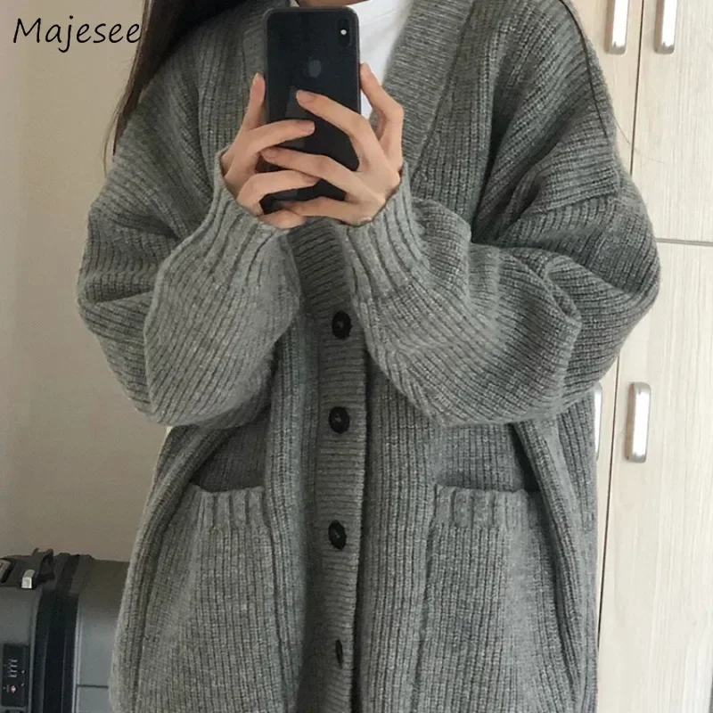 

Cardigans for Women Knitting Outwears Fashion Autumn Solid Simple Ulzzang Cozy All-match Casual Lazy Tender Streetwear Baggy New